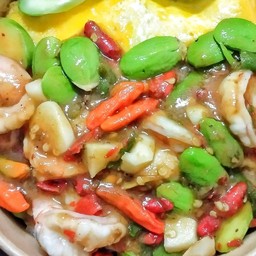 กุ้งผัดกะปิพริกขี้หนูสวน+ไข่ข้น