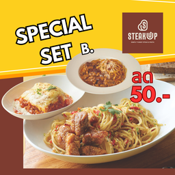 [Set B.]เฟตตูชินี่บีฟสโตรกานอฟ+ลาซานญ่าเนื้อ+สปาปลากะพงคั่วพริกเกลือ