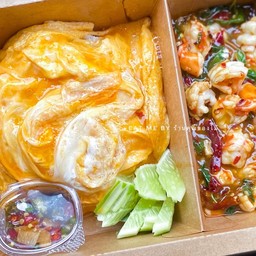 ข้าวไข่ข้น-กะเพรากุ้ง (หั่นชิ้น) [EM]