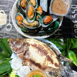 [เซตสุดฮิต] หอยแมลงภู่อบสมุนไพร พร้อมน้ำจิ้มซีฟู๊ด + เมี่ยงปลาเผา size XL