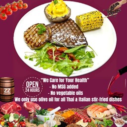 สเต็กวากิวสะโพกกับบอสตันพอร์คเห็ดพอร์โทเบลโลอบชีสราวีโอลีทรัฟเฟิล,ข้าวโพดปิ้งเตาถ่าน