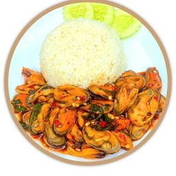 ผัดกระเพรา หอยแมลงภู่ (ราดข้าว)