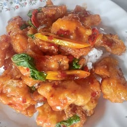 ข้าวราดกะเพราปลาแร่เนื้อทอดกรอบ