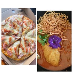 พิซ่าแฮมชีสและข้าวซอยไก่