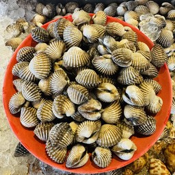 หอยแครง ลวก หรือ ย่าง ขีดละ 34 บาท หรือ 1 กิโล 340