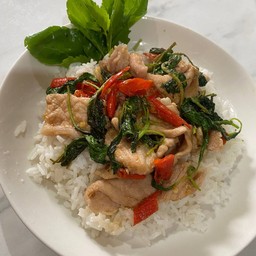 ผัดกระเพราหมูชิ้นราดข้าว