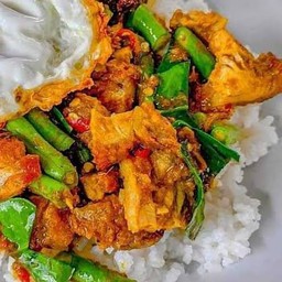 ผัดพริกแกงหมูกรอบราดข้าว