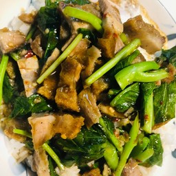 ผัดคะน้าหมูกรอบราดข้าว