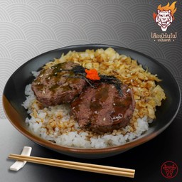 ข้าวญี่ปุ่นหน้าเนื้อแฮมเบิร์ก (แถมฟรีไข่ข้น มูลค่า 40 บาท)