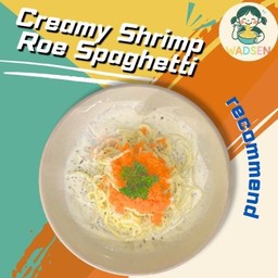 สปาเก็ตตี้ไวท์ซอสไข่กุ้งส้ม แฮมเบคอน