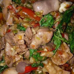 กระเพราไก่ + เครื่องในไก่