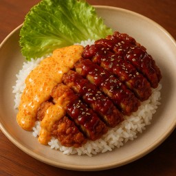 ข้าวหน้าไก่กรอบซอสไข่กุ้ง+ซอสบาร์บีคิว