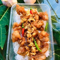 ข้าวไก่ทอดพริดสดกระเทียม