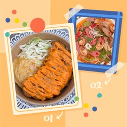 [เซตสุดฮิต] ข้าวไก่กรอบราดชีส ฟรีไข่ + ยำวุ้นเส้นรวมมิตร