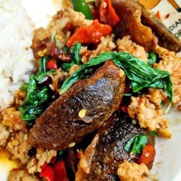 Rice Topped With Stir-Fried Century Egg And Basil + Minced Pork
