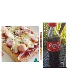 ขนมปังพิซ่าไส้กรอกชีสและโค้ก