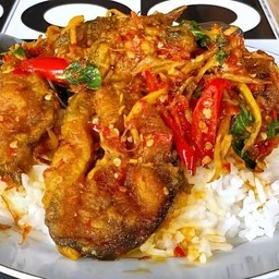 ผัดฉ่าปลาดุกทอดกรอบราดข้าว