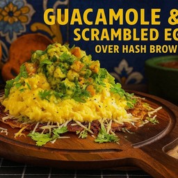 Guacamole & Scrambled Eggs over Hash Browns