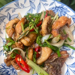 ข้าวญี่ปุ่นเนื้อปลานิลทอดผัดตั้งโอ๋