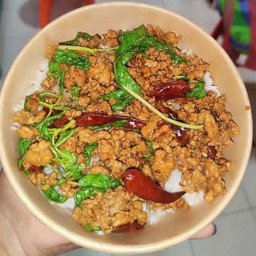 กระเพราหมูสับราดข้าว