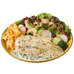 สเต๊กปลาบาซา ผักโขมทรัฟเฟิล