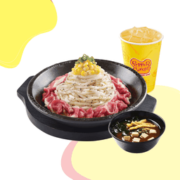 เปปเปอร์ยากิอุด้งเนื้อ + ซุปมิโซะ + ชาเขียวเย็น (16oz.)