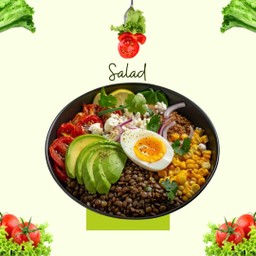 ผักสลัดรวม+อโว+ไข่ต้ม1+ถั่วเลนทิล+ข้าวโพดมะเขือเทศย่าง+เฟต้าชีส+หอมแดงผักชี