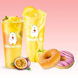 ชาเสาวรส + น้ำมะนาว + โดนัท 2 ชิ้น