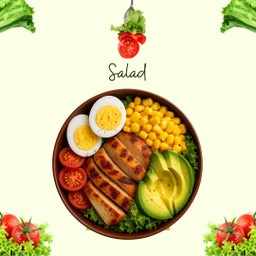 สลัดผักอกไก่ย่างอะโว+ข้าวโพด+มะเขือเทศย่าง+ไข่ต้ม1 โรยเครื่องเทศฝรั่ง