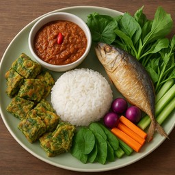 ข้าวน้ำพริกกะปิ ปลาทู + ไข่ชะอม