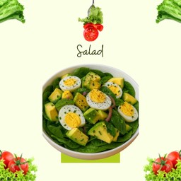 สลัดคลุกอร่อย=ไข่ต้ม+อะโวคาโด+ผักสลัด(โรยพริกไทยหอมแดงผักชี)