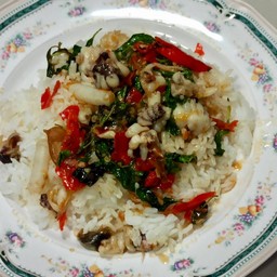 กระเพราปลาหมึก ข้าวหอมมะลิ