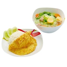 ข้าวไข่เจียว+แกงจืดเต้าหู้หมูสับ(โอชารสข้าวสวยไข่เจียวอาหารชุด)