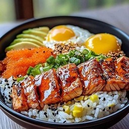 ข้าวหน้าแซลมอนเบิร์น ซอสเกาหลี ไข่ดาว ไข่กุ้ง ล้นคำ