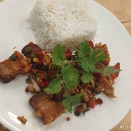 256.1 ผัดพริกเกลือหมูกรอบ(ราดข้าวหอมมะลิ)