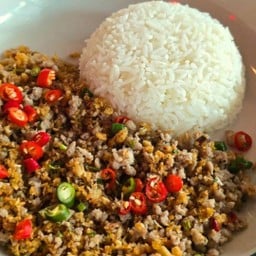 คั่วพริกเกลือหมูคุโรบุตะสับราดข้าว