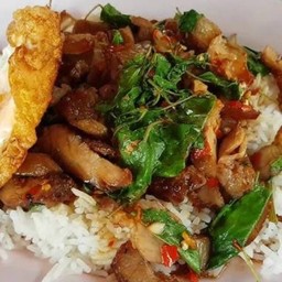 ข้าวกระเพราคอหมูย่าง