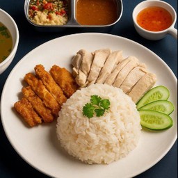 L ข้าวมันไก่นุ่มผสมไก่ทอดกรอบ