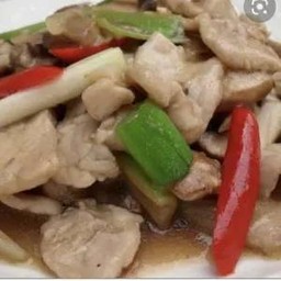 หมูหรือไก่ผัดน้ำมันหอยเห็ดรวมญี่ปุ่นราดข้าว