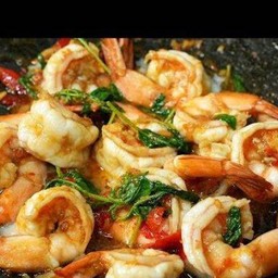 ผัดกระเพรากุ้งราดข้าว