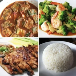 ชุดแกงส้มชะอมกุ้ง/บล็อคโคลี่ผัดกุ้ง/หมูย่างจิ้มแจ่ว/ข้าว2จาน