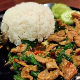 ผัดกระเพราหมูชิ้นราดข้าว