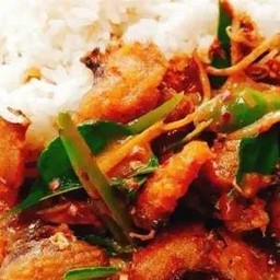 ข้าวราดผัดพริกแกงปลากระพง