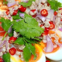 ยำไข่ต้ม,หมูสับ ( ใส่หอมแดง พริกซอย,ผักชี