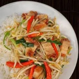 หมูกรอบผัดถั่วงอกราดข้าว