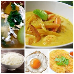 ข้าวแกงกะทิกุ้งหน่อไม้ดองไข่ดาว/ไข่เจียวแกงเลียงผักใส่ไข่