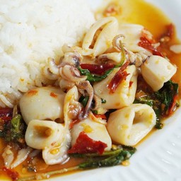 กะเพรา ปลาหมึก [ ราดข้าว ]