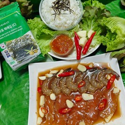 เซต(แซลมอน+กุ้ง)ดองซีอิ๊วเกาหลี+ข้าวญี่ปุ่น+สาหร่าย