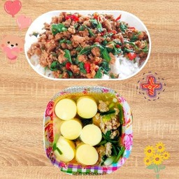 [เซตสุดฮิต] ข้าวผัดกะเพราใจฟู(เลือกเนื้อสัตว์ได้) + ต้มจืดไข่น้ำ (size s)
