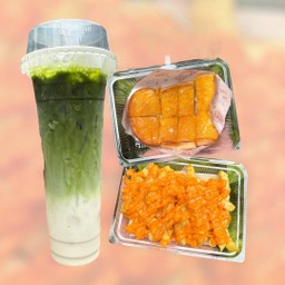 [เซตสุดฮิต] ปังปิ้งเนยนมน้ำตาล + เฟรนช์ฟรายส์ + ชาเขียวลาเต้นมสด ( เน้นนม )